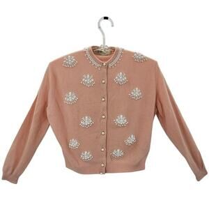Bernard Altmann Vintage 60s Pink Beaded 8 Glass Button Crew Neck Lolita Cardigan